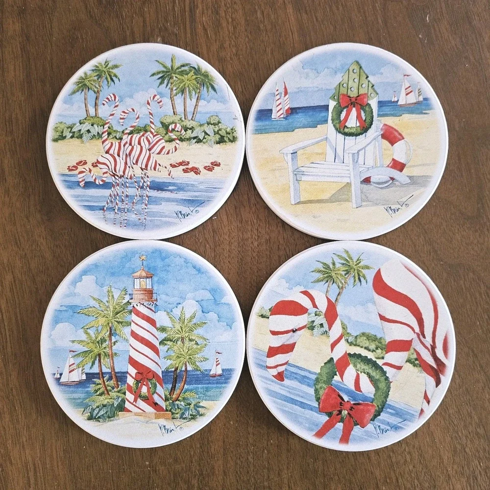 Beach Christmas Coaster Set Of 4 With Holder Candy Cane‎ Lighthouse Flamingos